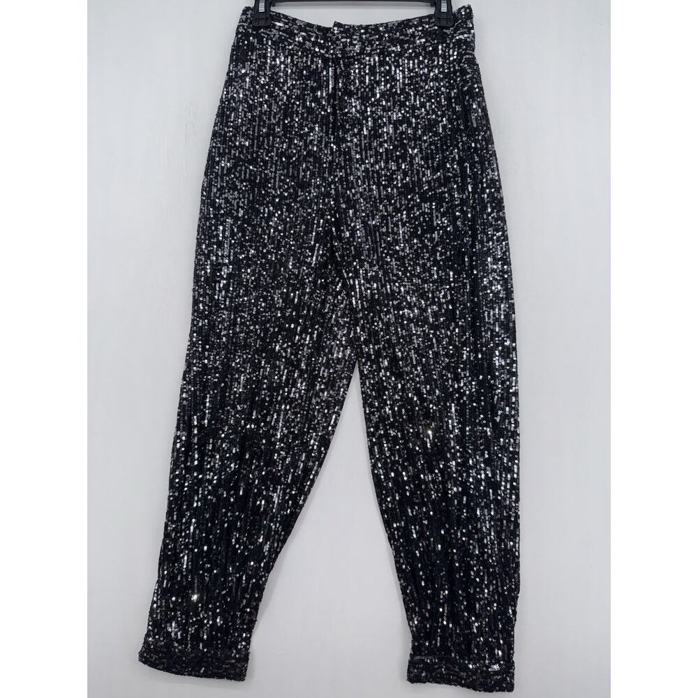 Zara Black Sequin Trousers Elastic Waist Tapered Size Medium Ref 2731 312